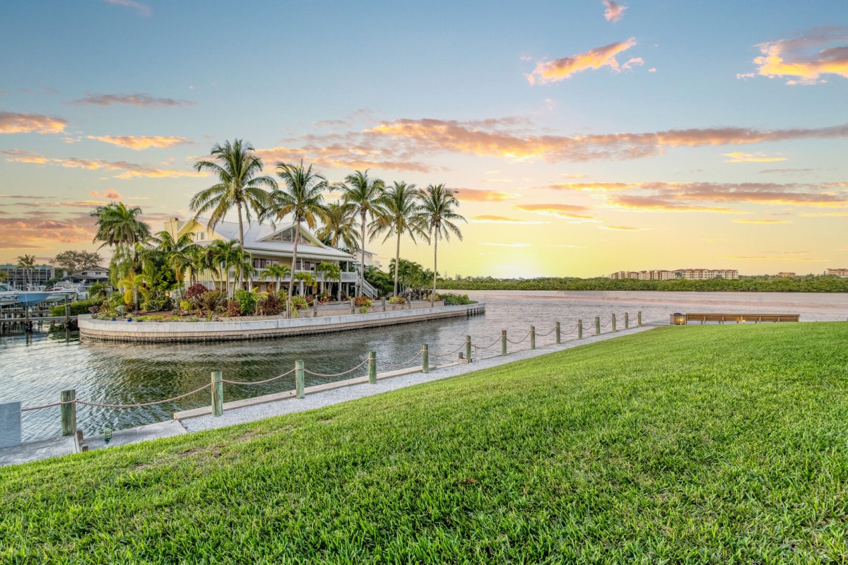 Waterfront view at twilight.