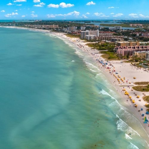 aerial view of town by beach