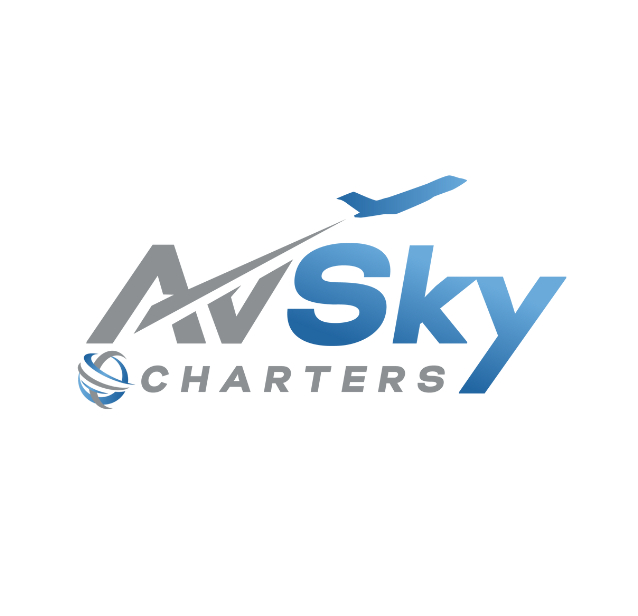 Sleek blue and grey aviation logo reading Sky Charters with a jet wing wingtip graphic.