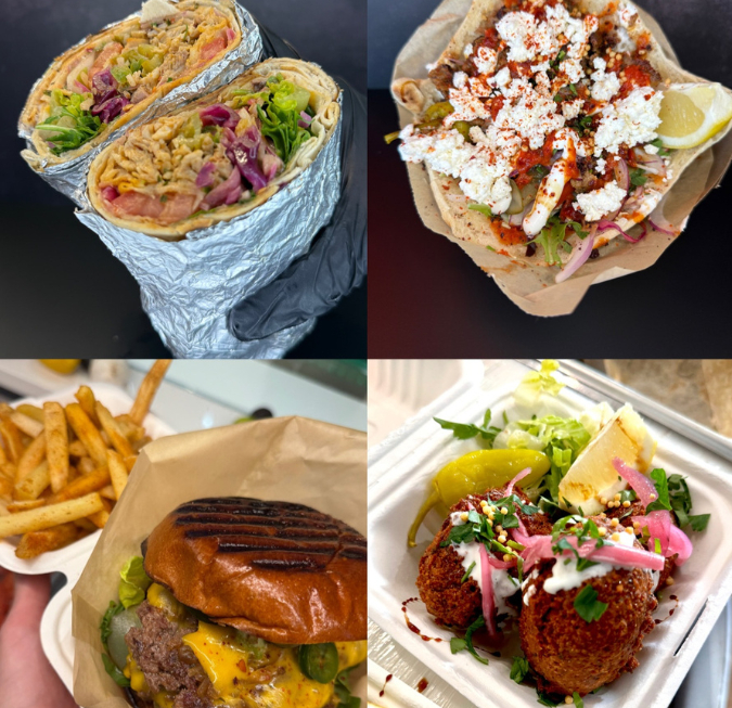 Four-panel grid highlighting gourmet breakfast wraps, sandwiches, and fresh sides.