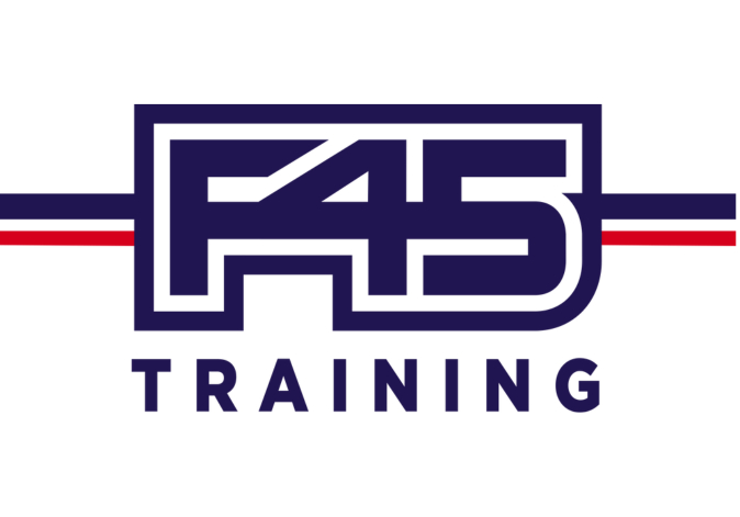 Blue and red athletic logo reading F45 Training in a bold rectangular box.