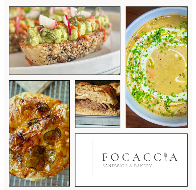 Four-panel food photography grid showcasing artisan bread dishes, salads, and soups.