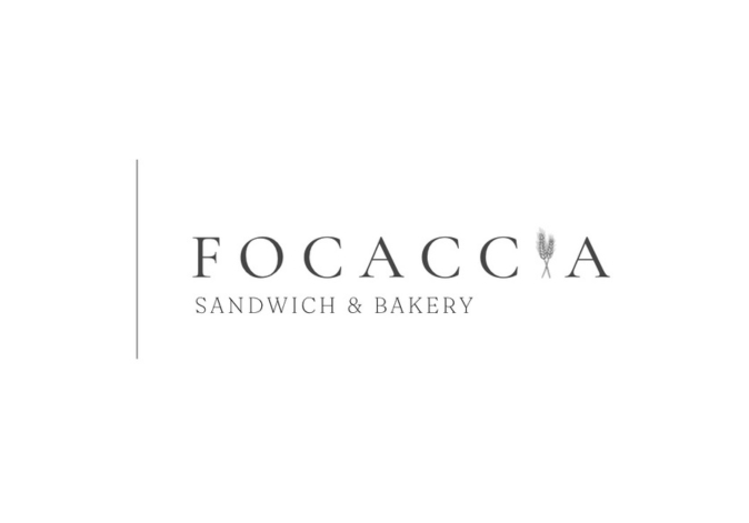 Elegant, thin sans-serif font reading Focaccia Sandwich and Bakery on a white background.