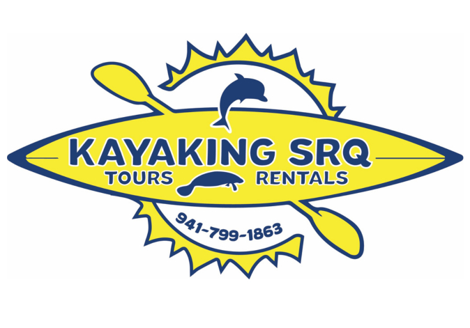 Bright yellow sun logo featuring a blue dolphin silhouette for Kayaking SRQ.