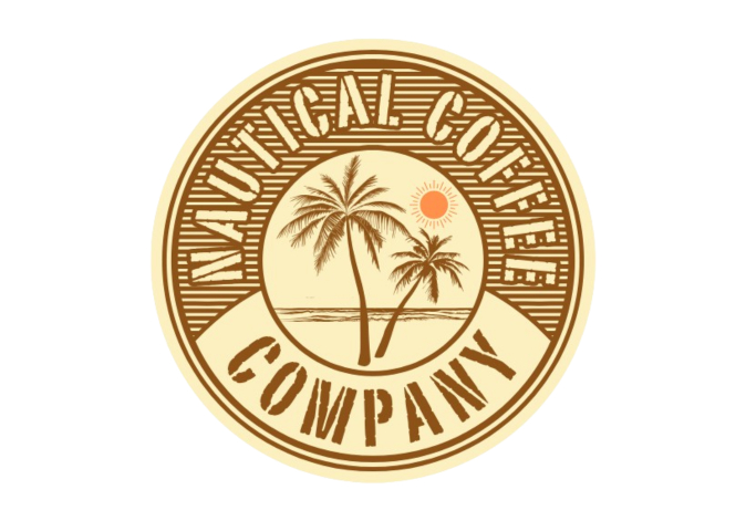 Circular stamp-style logo featuring a palm tree for Nautical Coffee Company.