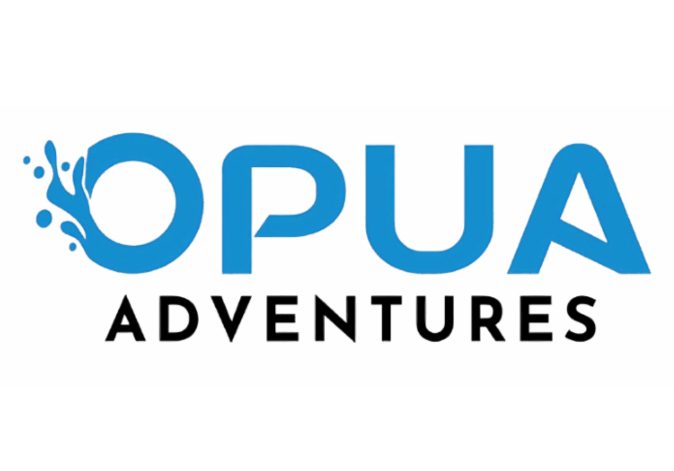 Bold blue athletic typographic logo reading Opua Adventures.