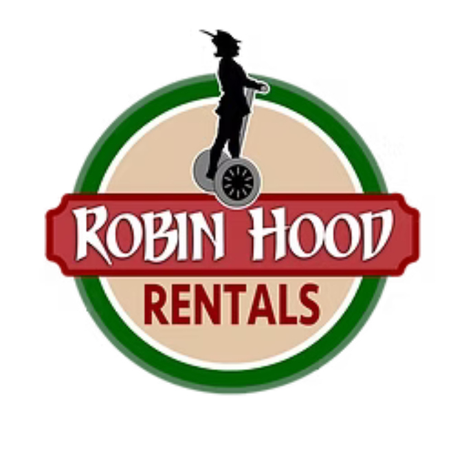 Circular logo featuring an archer target design for Robin Hood Rentals.