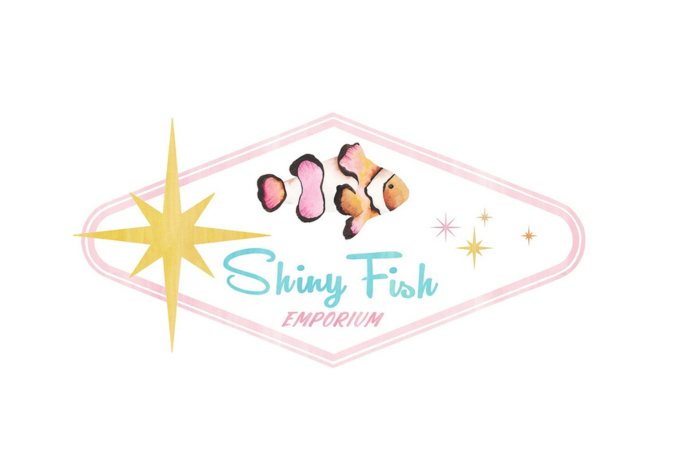Pastel-toned diamond logo with cartoon fish characters reading Shiny Fish.