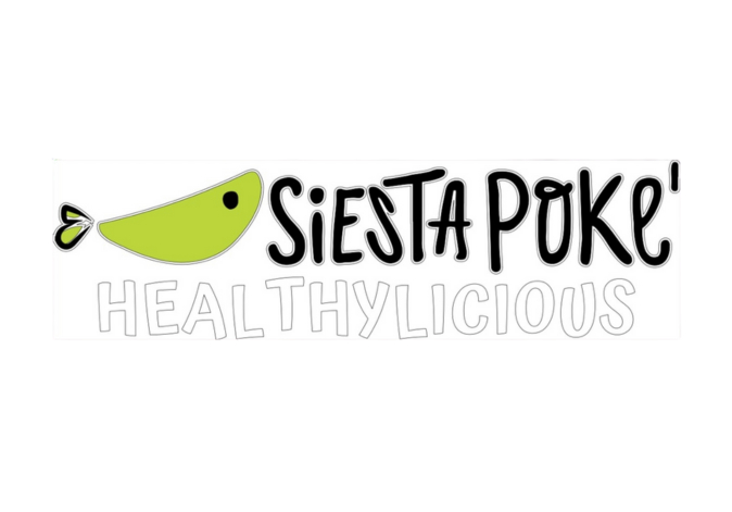 Creative green logo text reading Siesta Poke Healthy and Delicious with a fish tail.
