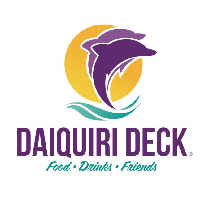 Colorful logo featuring a leaping purple dolphin holding a tropical cocktail drink.