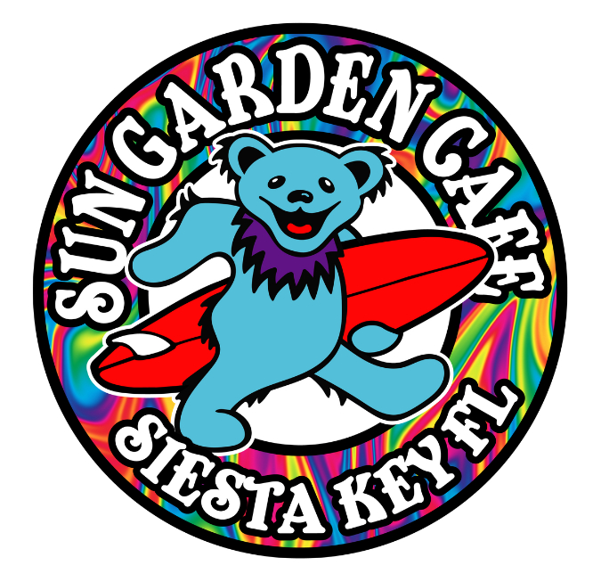 Circular cartoon logo featuring a smiling sun character for Sun Garden Cafe.
