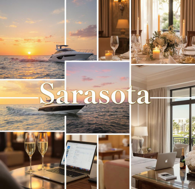 Magazine cover showcasing an elegant dining setup overlooking a sunset bay view.