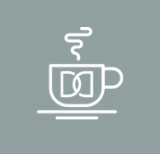 Minimalist white icon of a steaming coffee cup on a grey background.