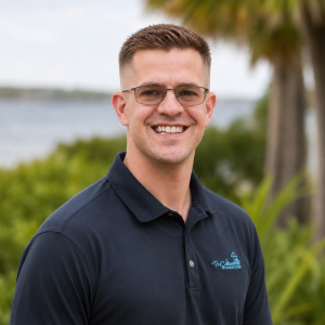 Professional portrait of a smiling male employee wearing a dark polo shirt.