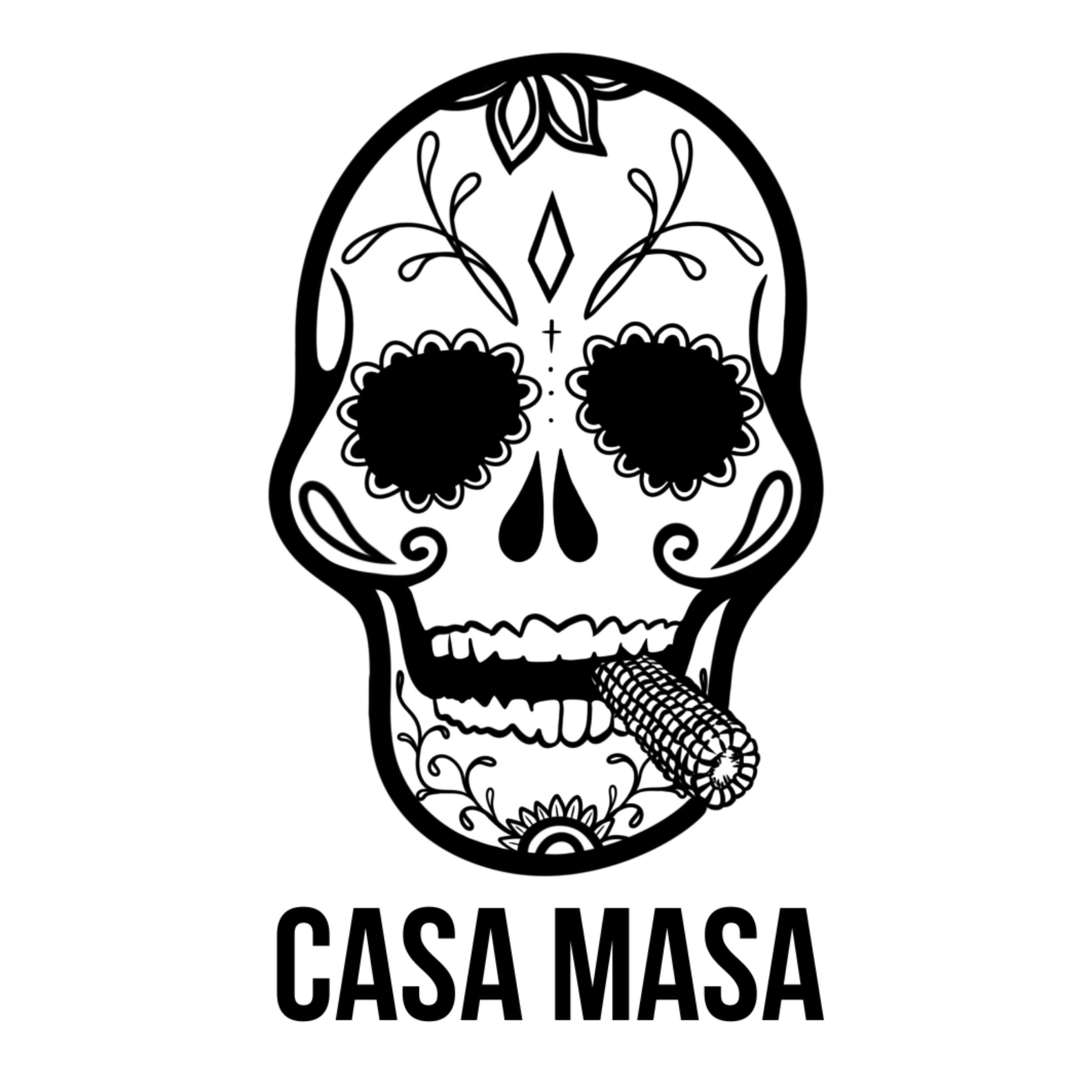 Black and white logo featuring an illustrated sugar skull for Casa Masa.