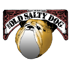 Illustrated cartoon logo of a bulldog wearing a captain's hat for The Old Salty Dog.