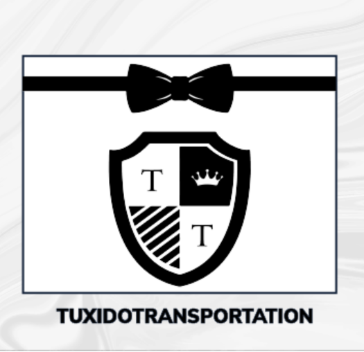 Logo for Tuxido Transportation: shield crest divided into four with a crown in the top-right, a bow tie above, and the company name below.